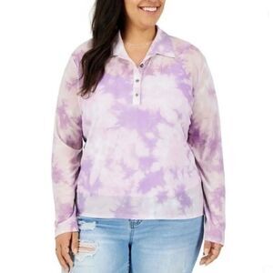 Women's 2X NWT Plus Size Purple Tie Dye Polo Mesh 2pc Long Sleeve Top Tank Set